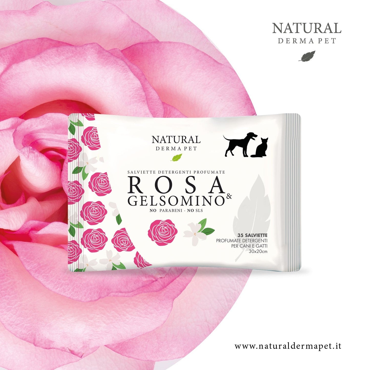 Mitrās suņu un kaķu salvetes kažokam ar rožu un jasmīna aromātu – 35 gab.