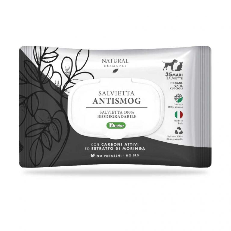 Wet anti-smog pet wipes for dogs and cats with activated charcoal and moringa, 35pcs