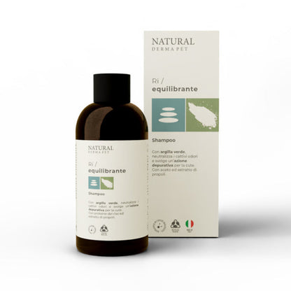 Shampoo bottle and packaging with 'Natural Derma Pet' branding on a white background